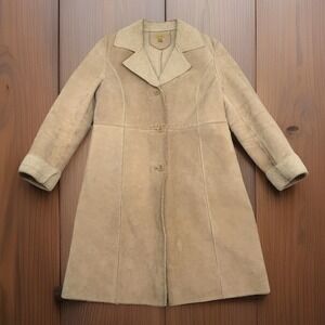 Caslon Beige Suede Shearling-Trim Button Coat